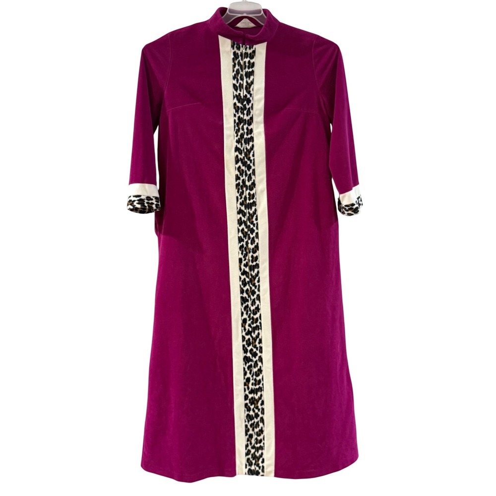 Vanity Plus Fair Vintage Magenta Velour Leopard Zip Robe House Dress Lounger